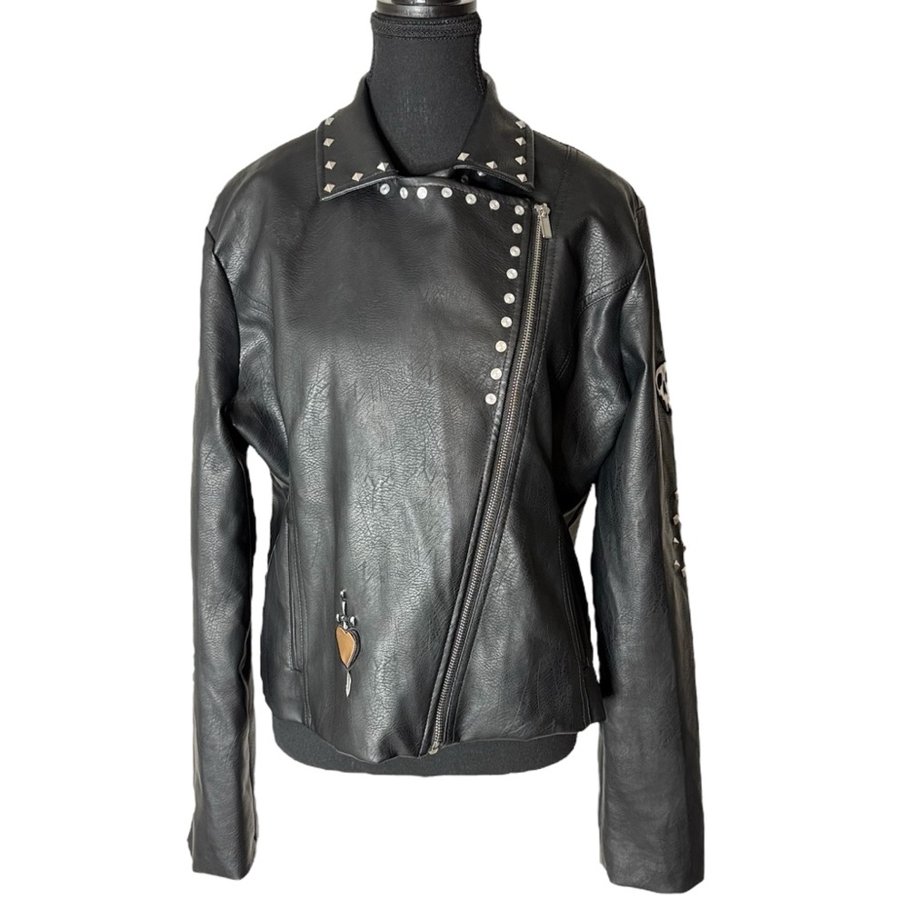 DISNEY Villains Snow White Evil Queen Wicked Black Faux Leather Jacket Studs XL